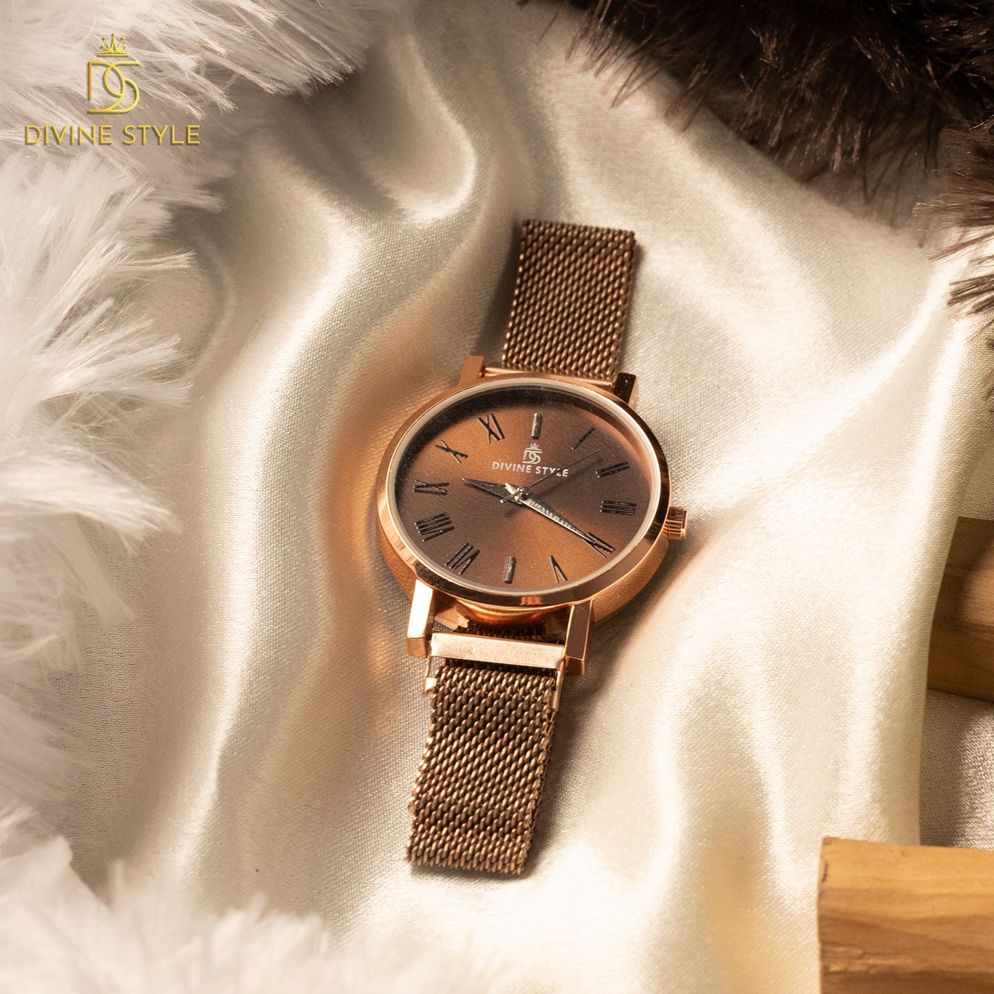 Divine Style Rose Gold Plated Mesh Chain Analog Wrist Watch for Women (Brown)