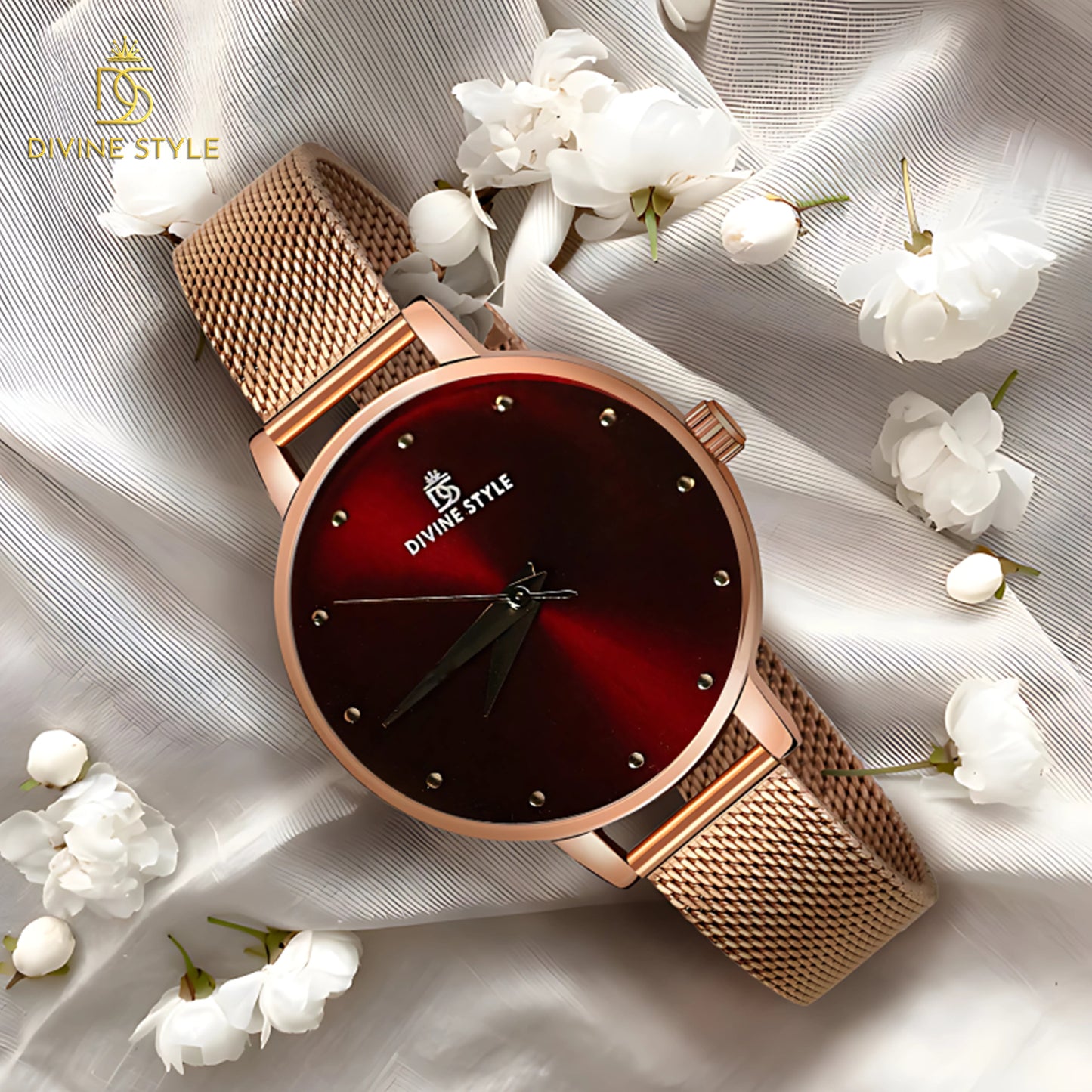 Divine Style Rose Gold Plated Mesh Chain Analog Wrist Watch for Women (Maroon)