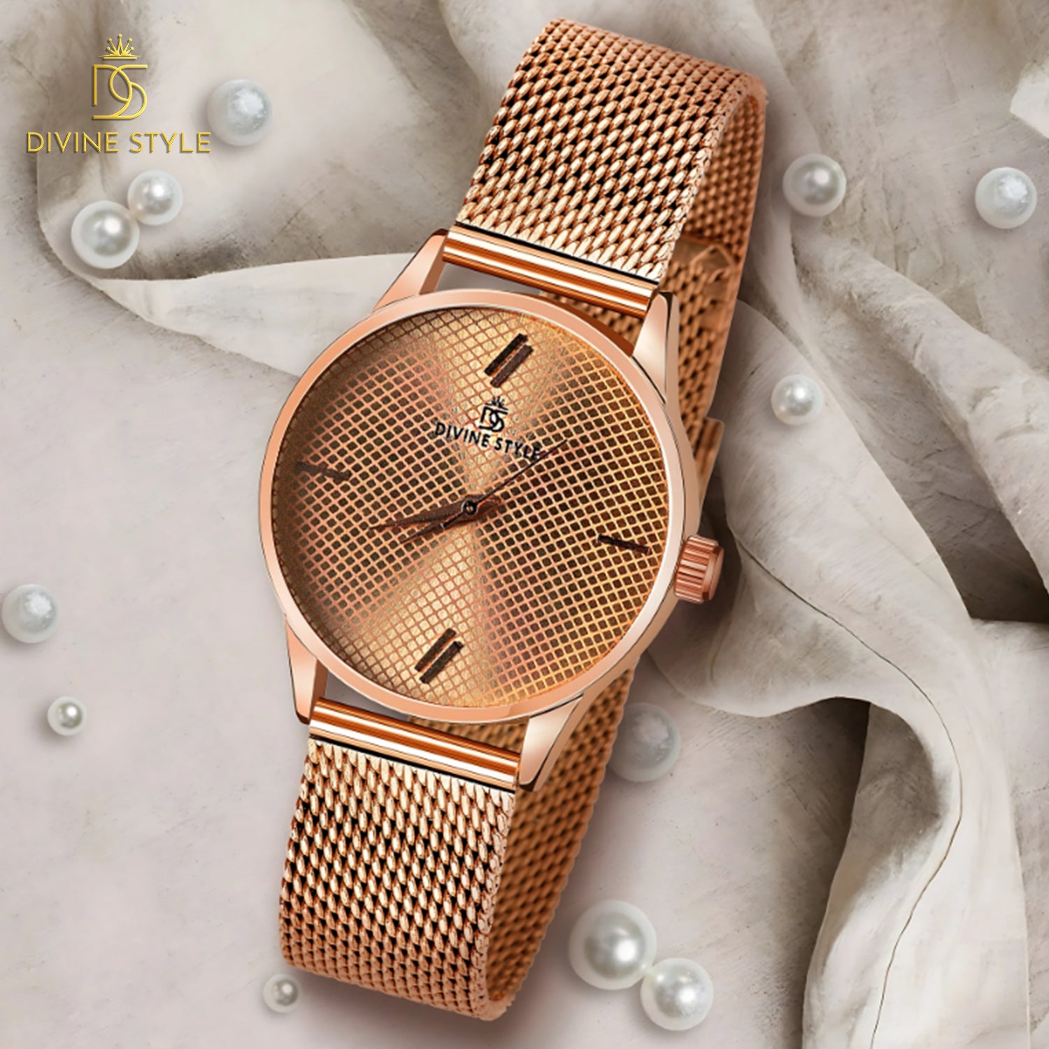 Divine Style Rose Gold Plated Mesh Chain Analog Wrist Watch for Women