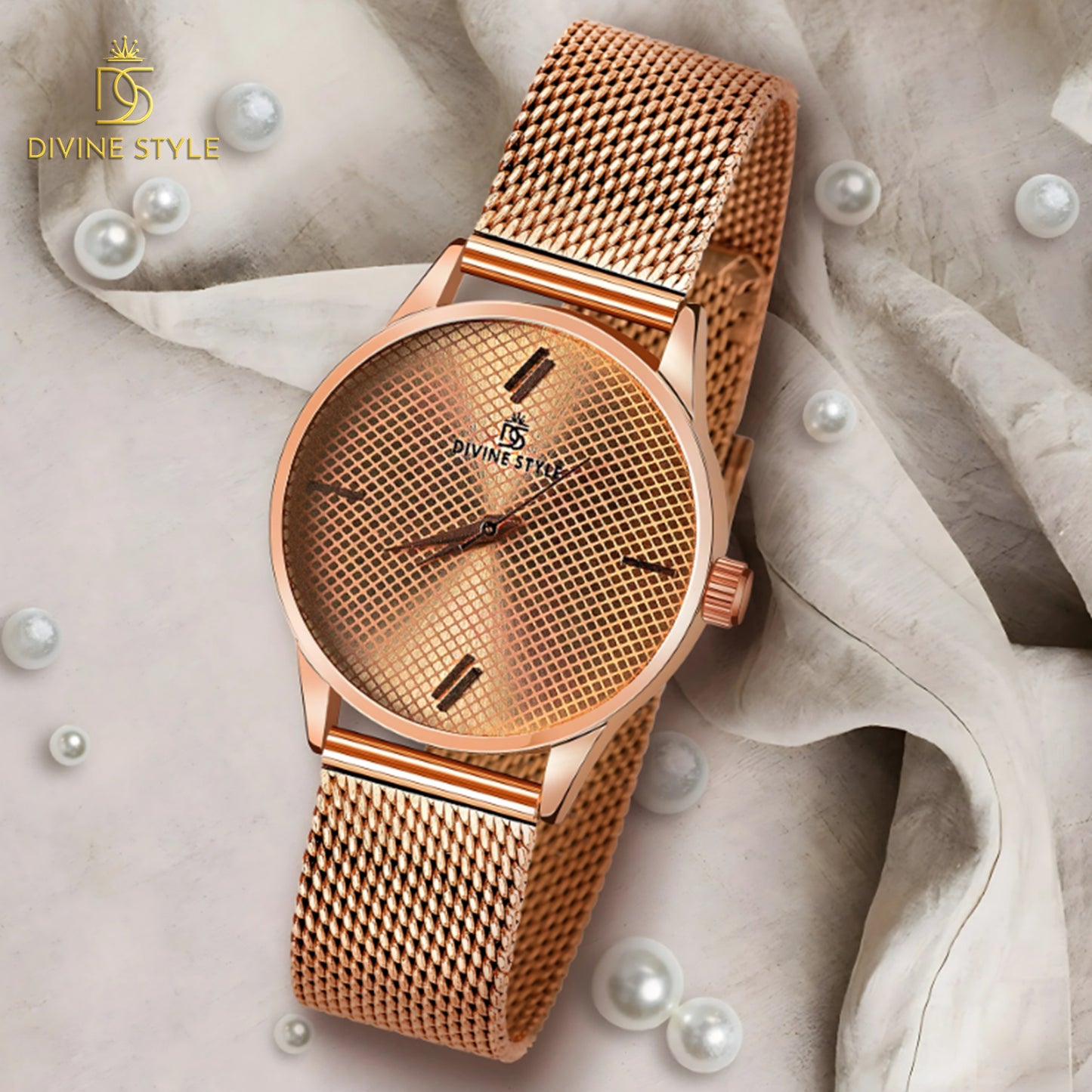 Divine Style Rose Gold Plated Mesh Chain Analog Wrist Watch for Women (Golden)