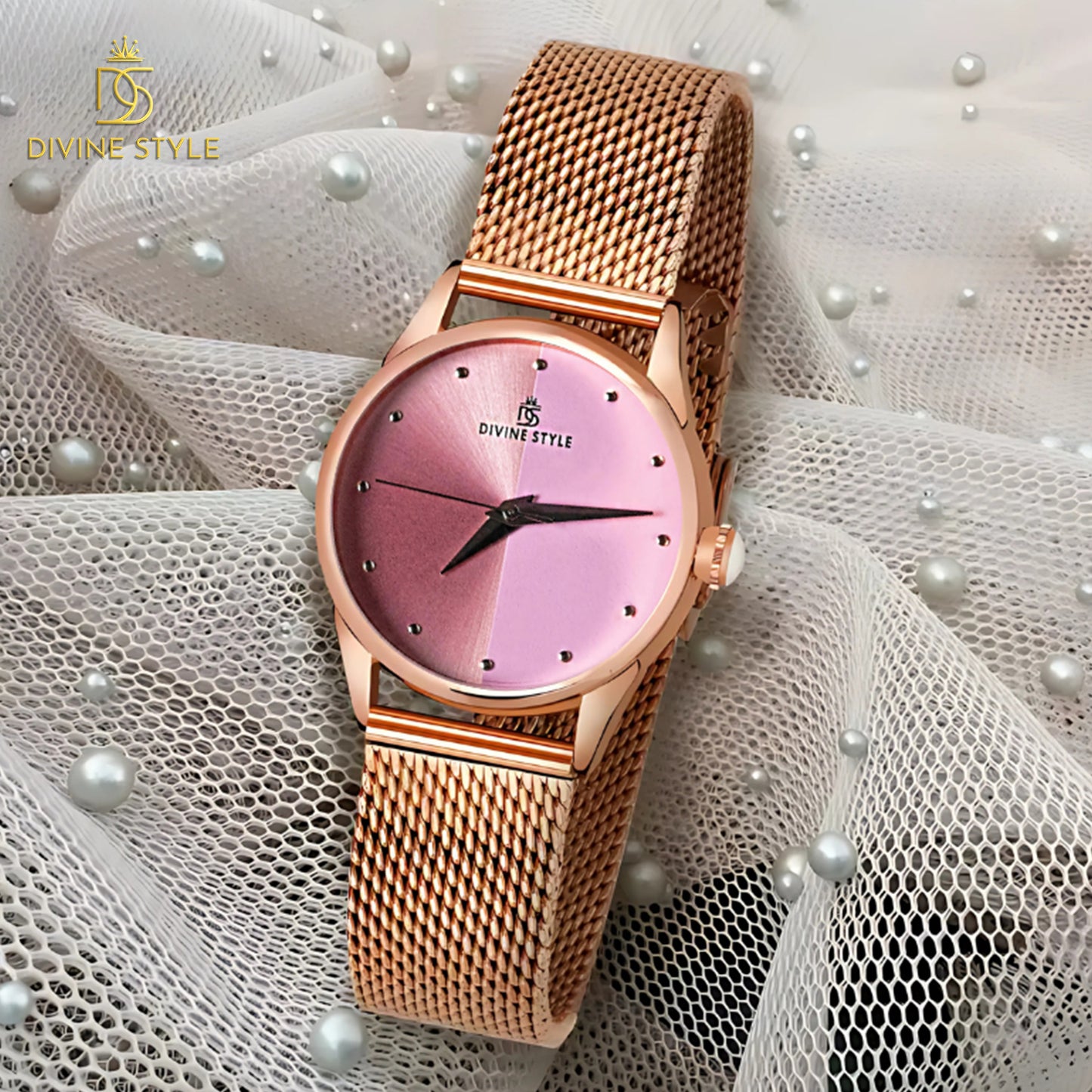 Divine Style Rose Gold Plated Mesh Chain Analog Wrist Watch for Women (Pink)