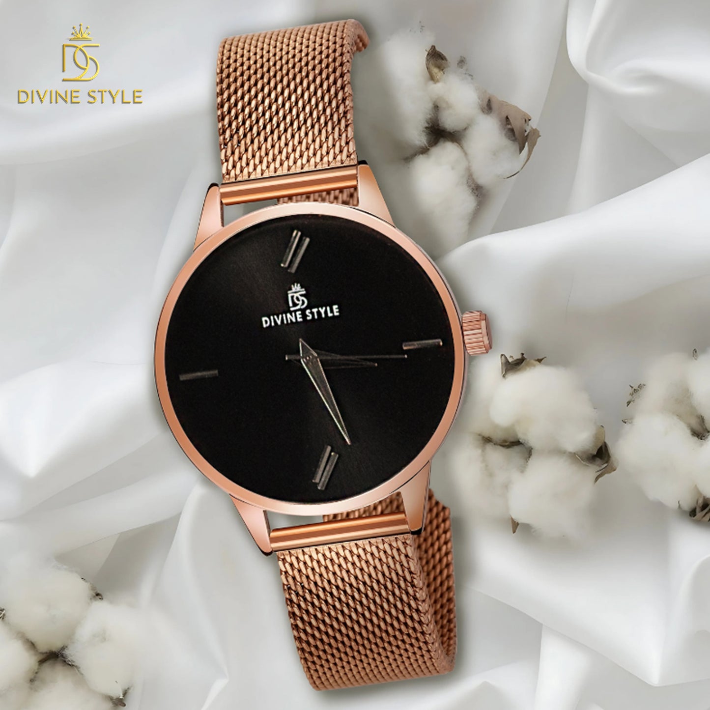 Divine Style Rose Gold Plated Mesh Chain Analog Wrist Watch for Women (Black)
