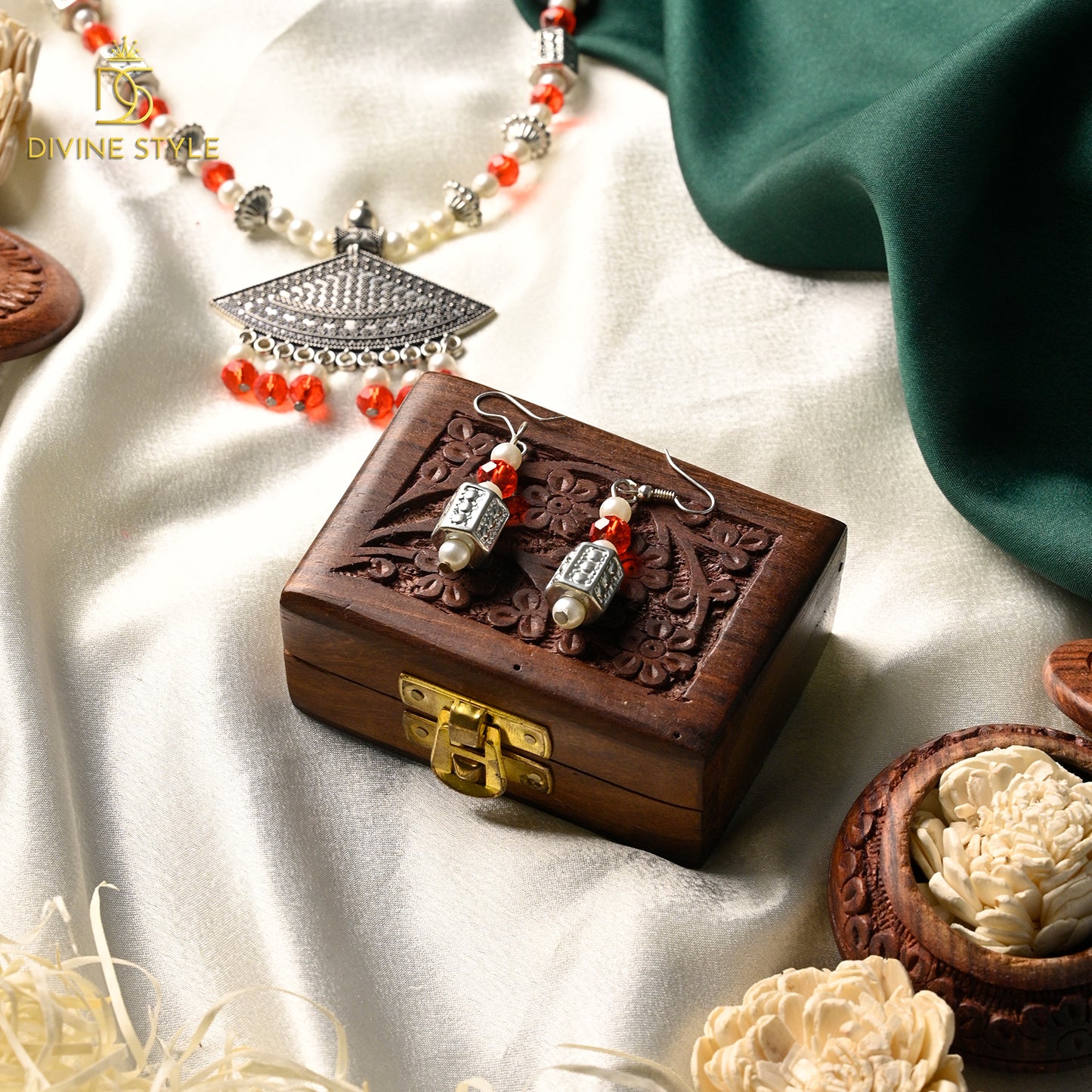 Divine Style Oxidised Silver Red Necklace and Earrings