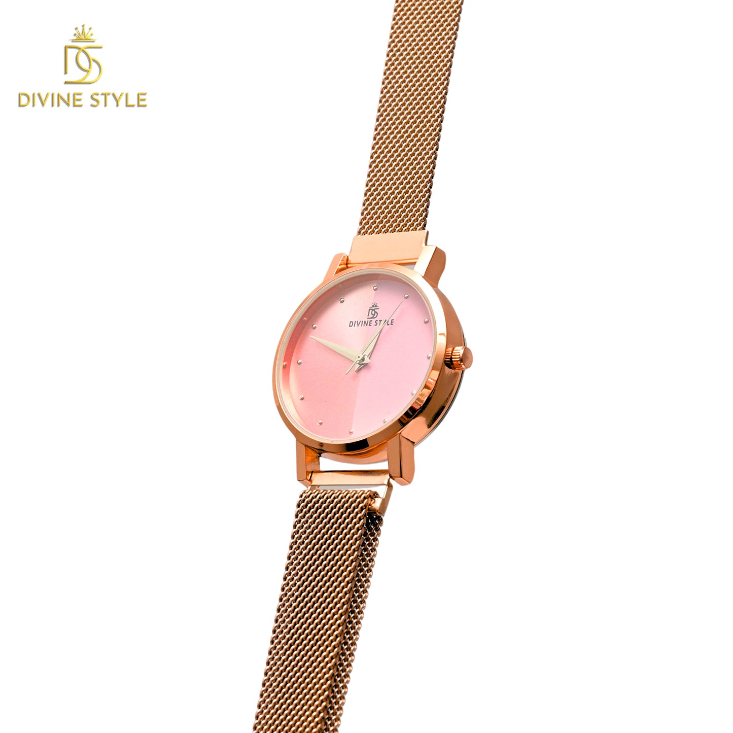 Divine Style Rose Gold Plated Mesh Chain Analog Wrist Watch for Women (Pink)