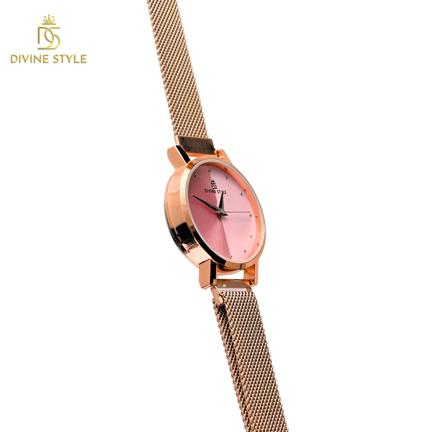 Divine Style Rose Gold Plated Mesh Chain Analog Wrist Watch for Women (Pink)