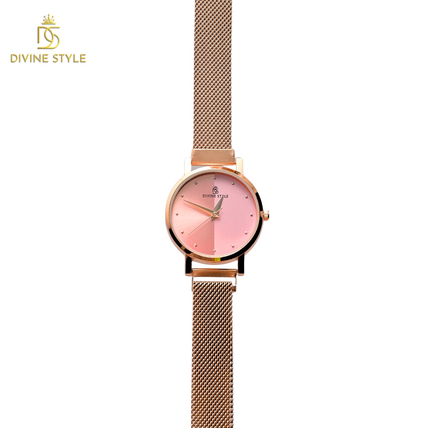 Divine Style Rose Gold Plated Mesh Chain Analog Wrist Watch for Women (Pink)