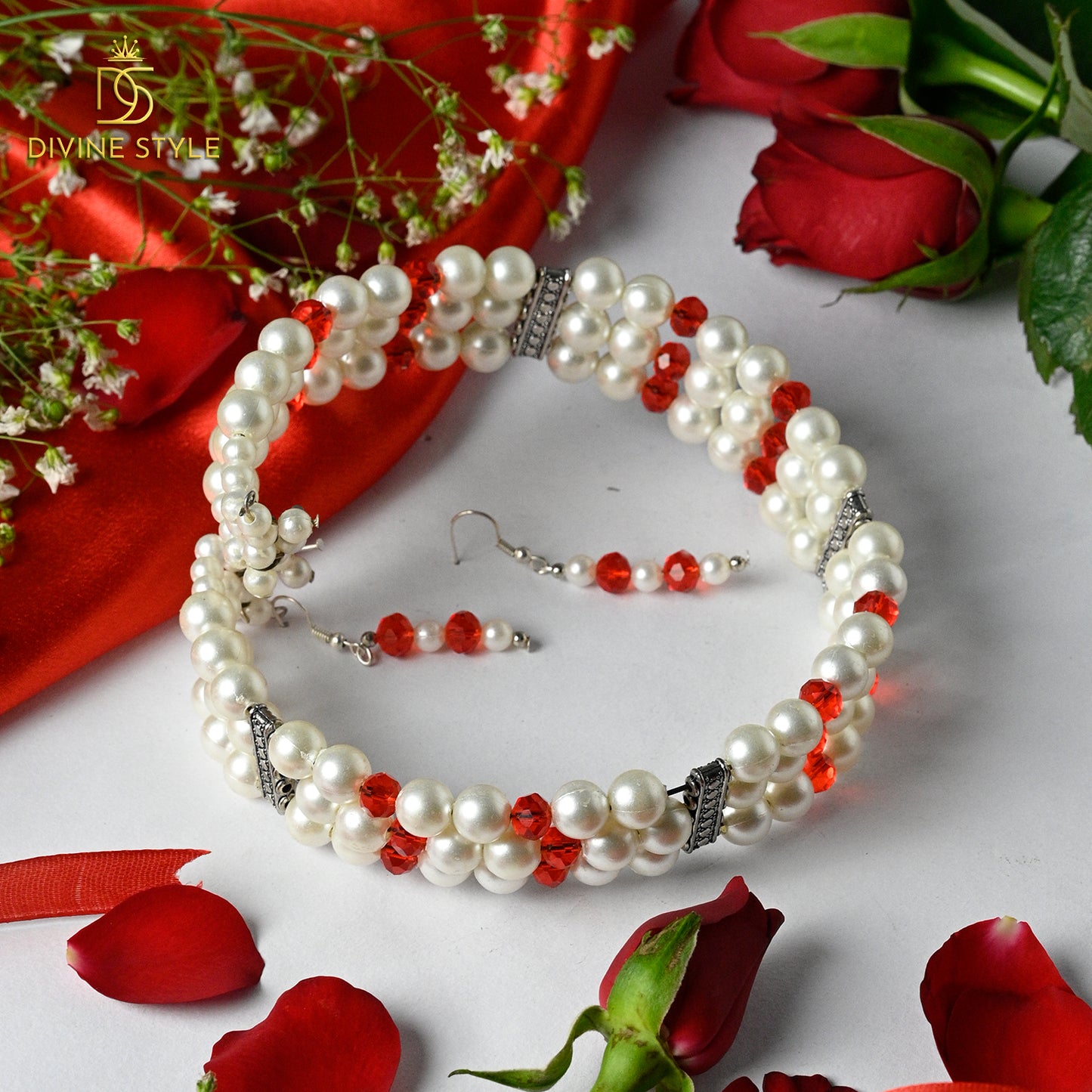 Divine Style Red & White Peals Necklace With Earrings