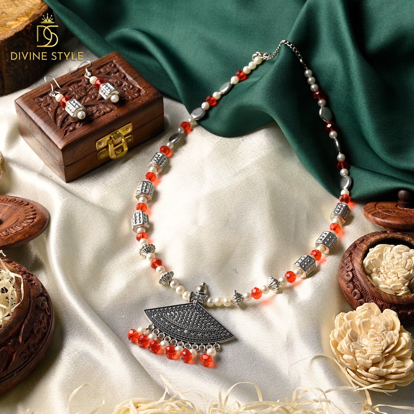 Divine Style Oxidised Silver Red Necklace and Earrings