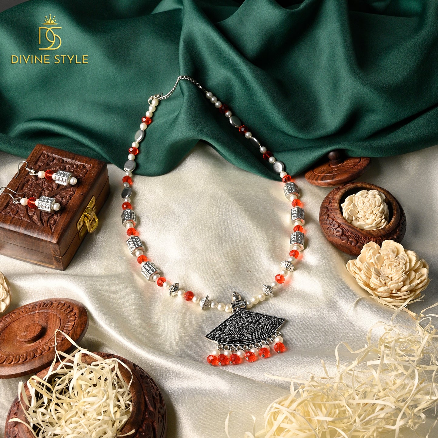 Divine Style Oxidised Silver Red Necklace and Earrings