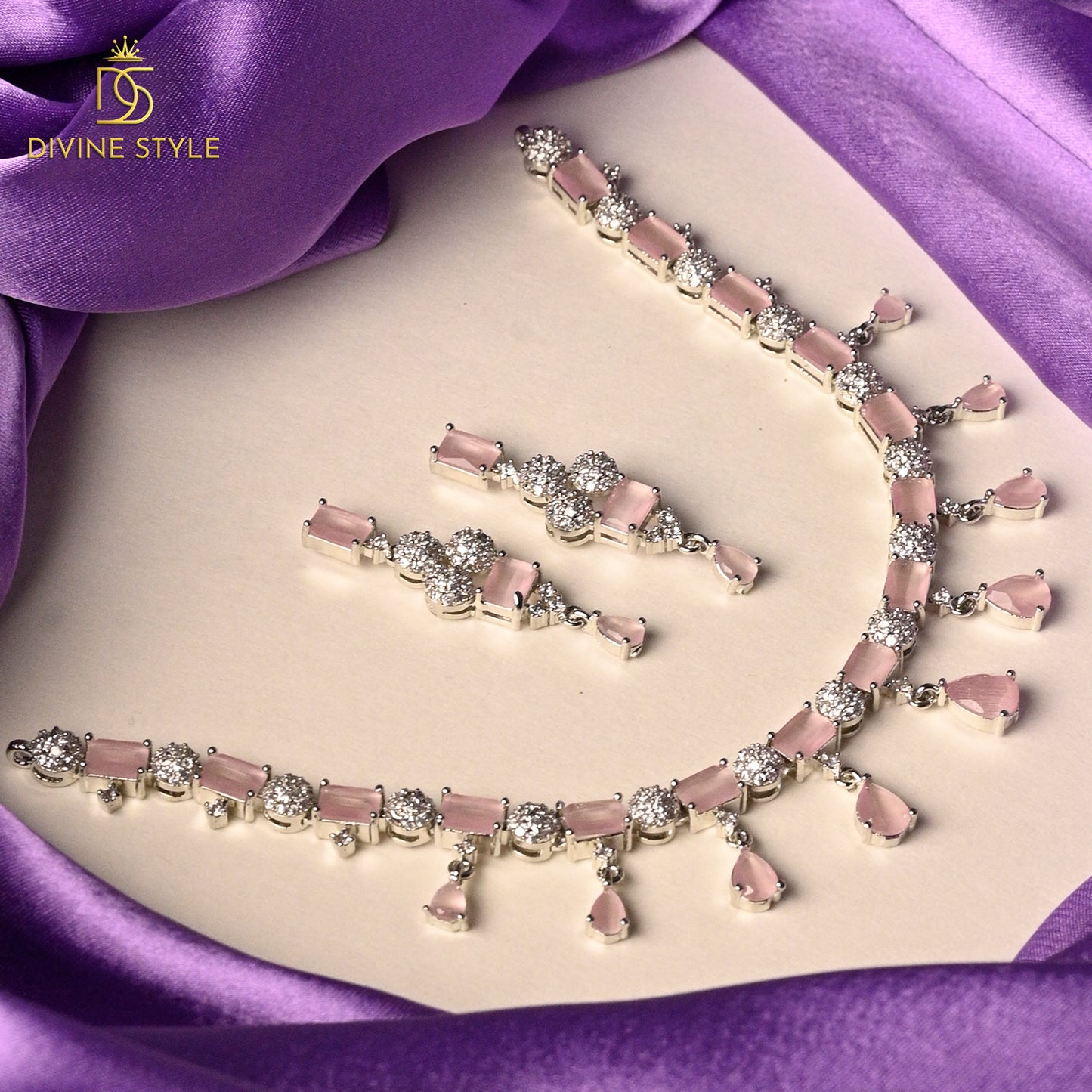 Divine Style Diamond Gleam Necklace With Earrings (Pink)