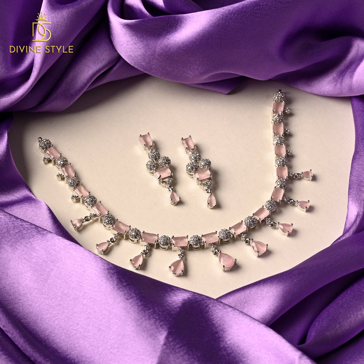 Divine Style Diamond Gleam Necklace With Earrings (Pink)