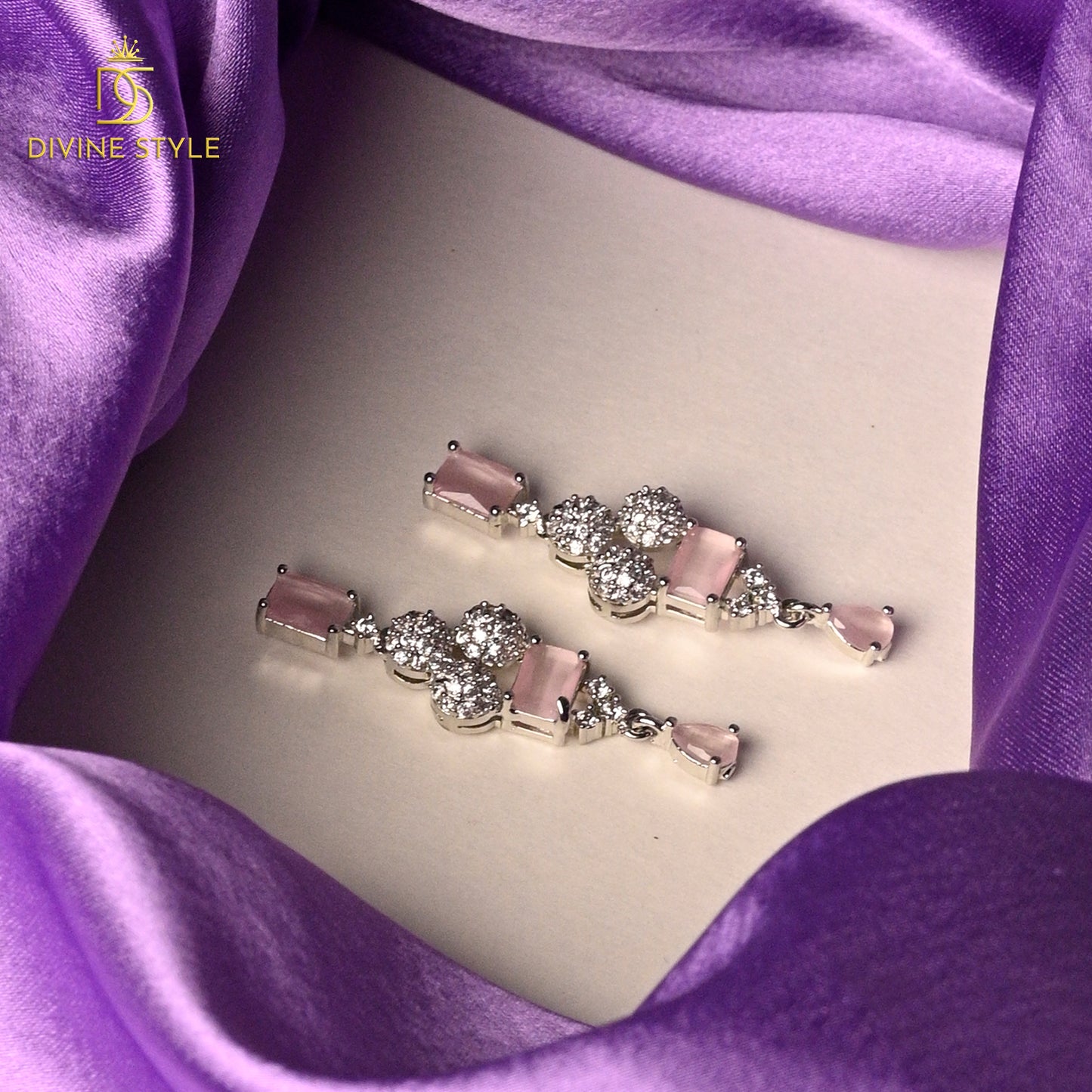Divine Style Diamond Gleam Necklace With Earrings (Pink)