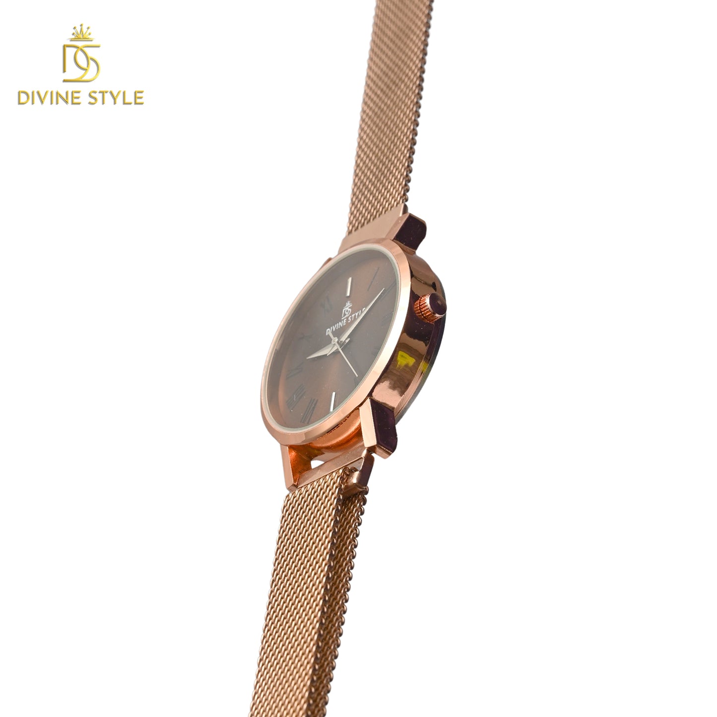 Divine Style Rose Gold Plated Mesh Chain Analog Wrist Watch for Women (Brown)