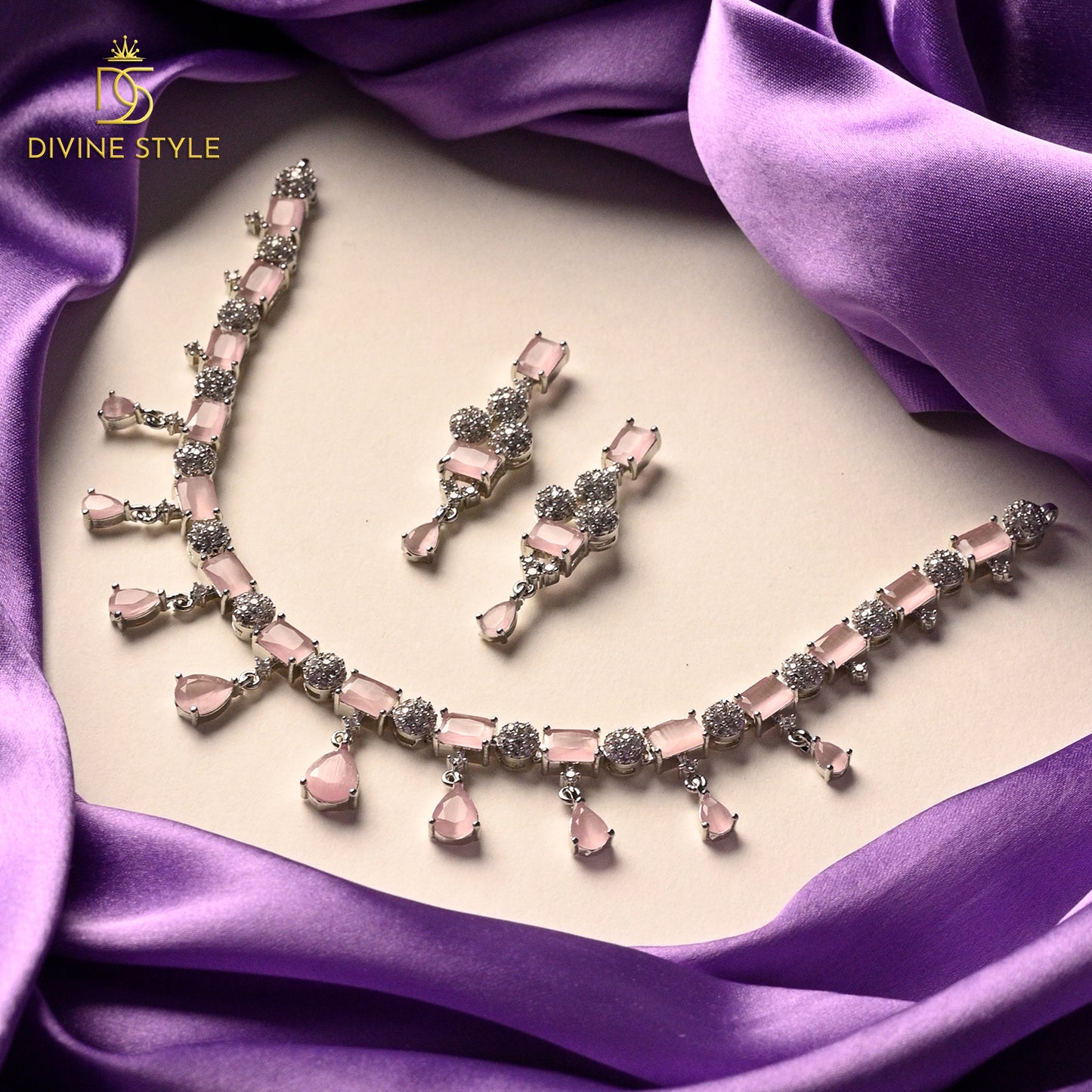 Divine Style Diamond Gleam Necklace With Earrings (Pink)