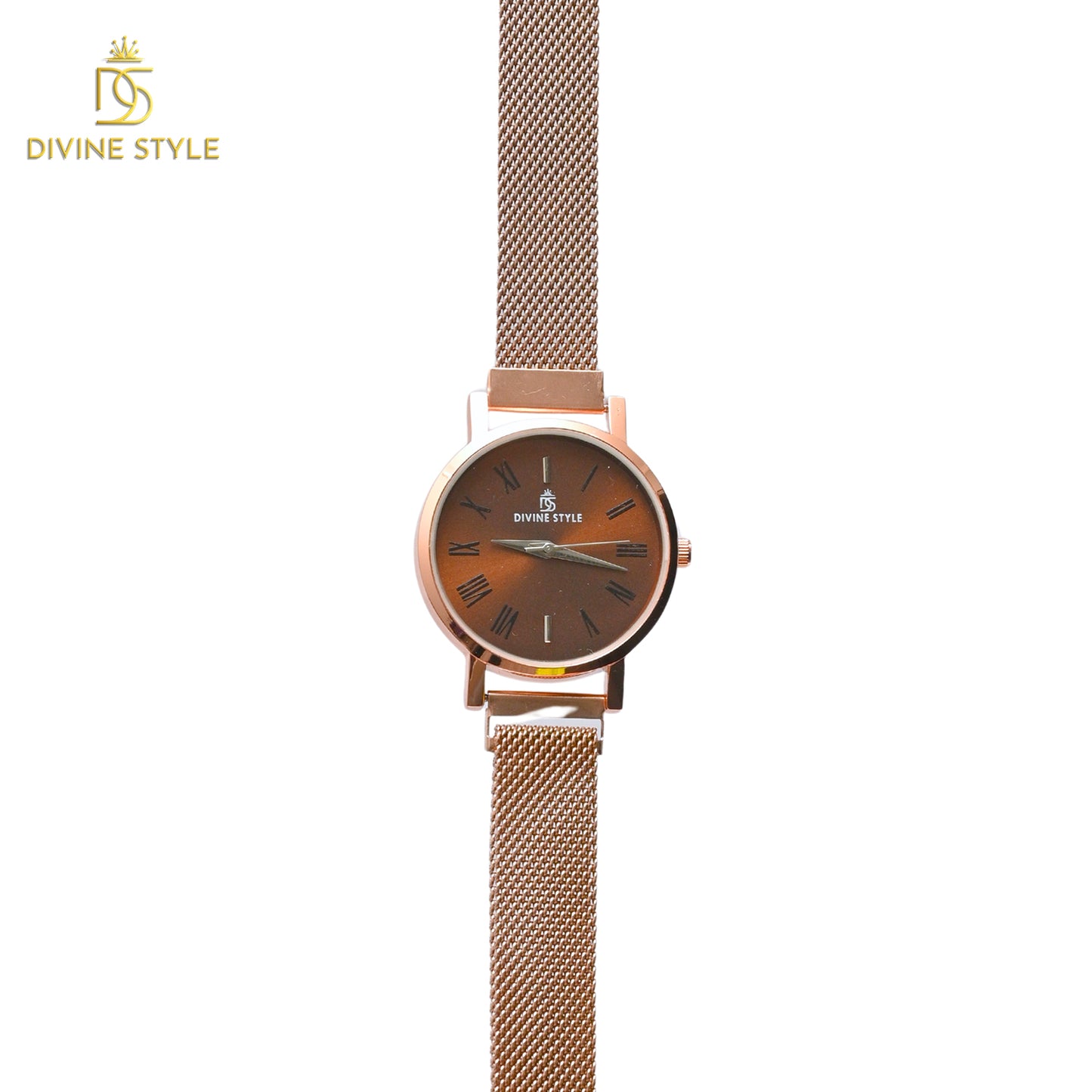 Divine Style Rose Gold Plated Mesh Chain Analog Wrist Watch for Women (Brown)