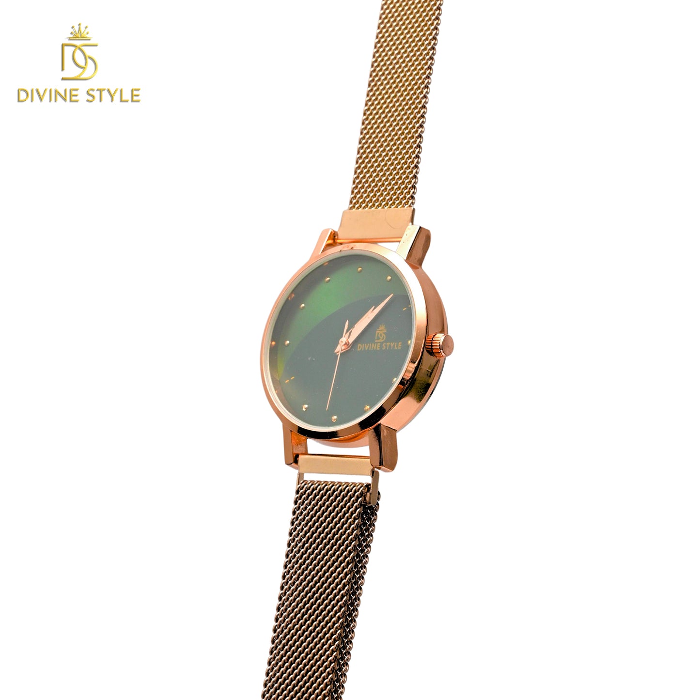 Divine Style Rose Gold Plated Mesh Chain Analog Wrist Watch for Women (Green)