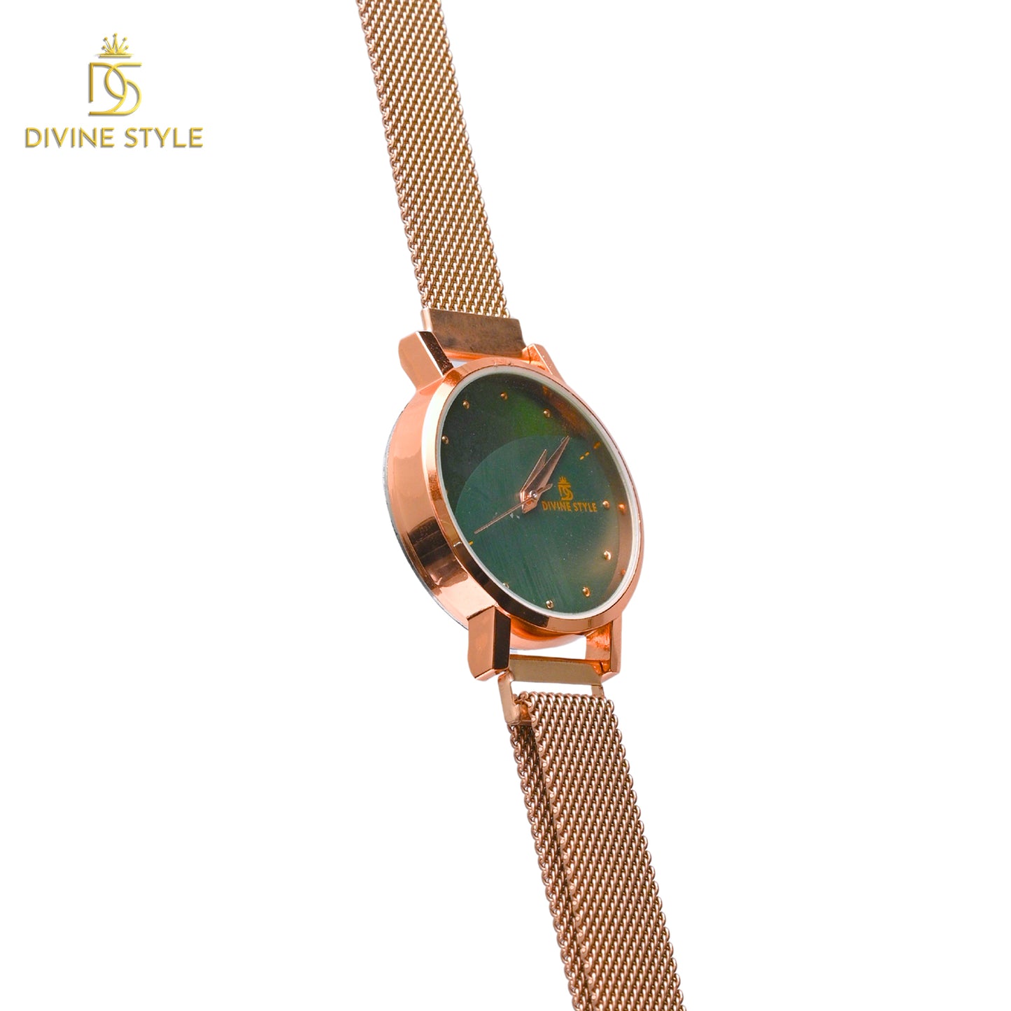 Divine Style Rose Gold Plated Mesh Chain Analog Wrist Watch for Women (Green)