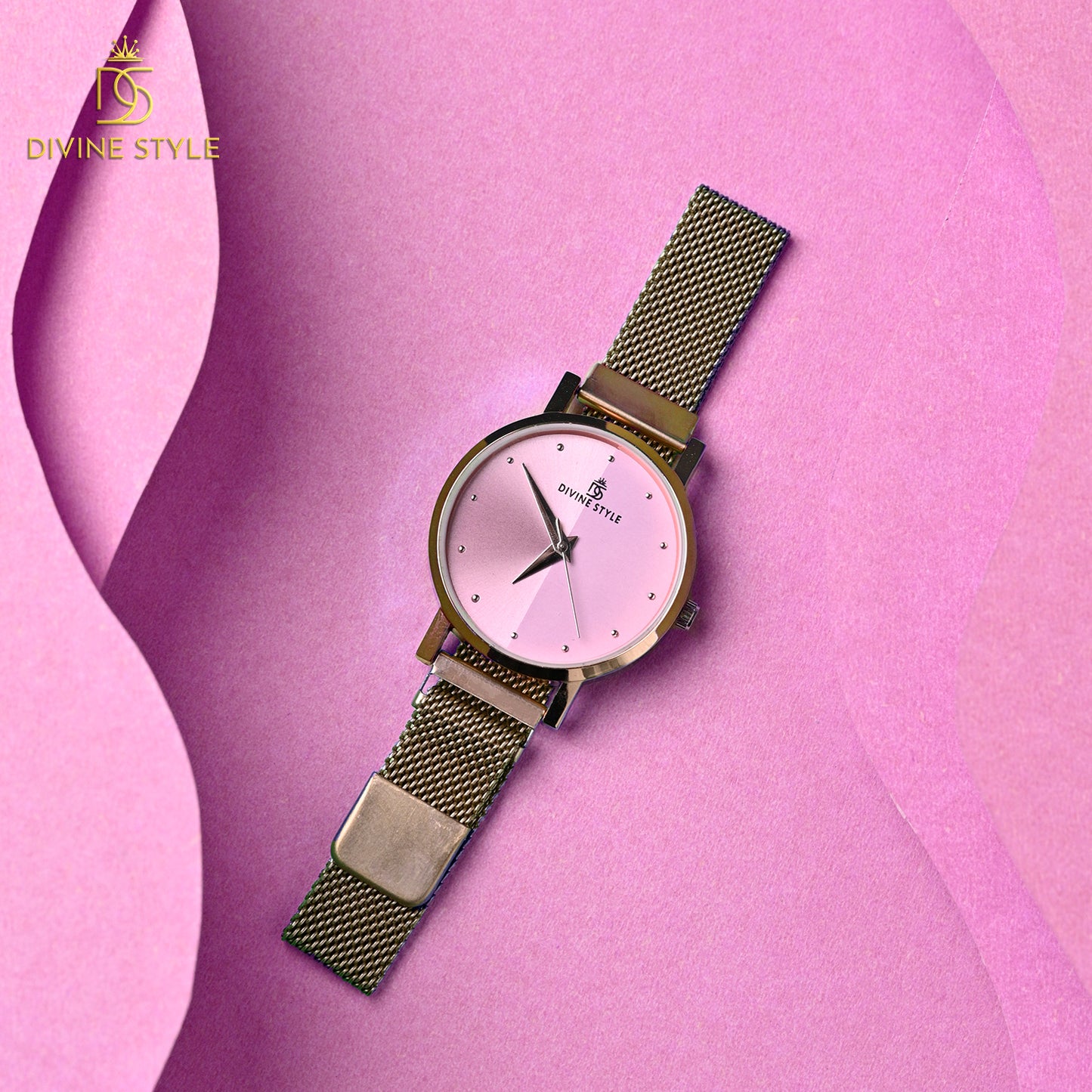 Divine Style Rose Gold Plated Mesh Chain Analog Wrist Watch for Women (Pink)