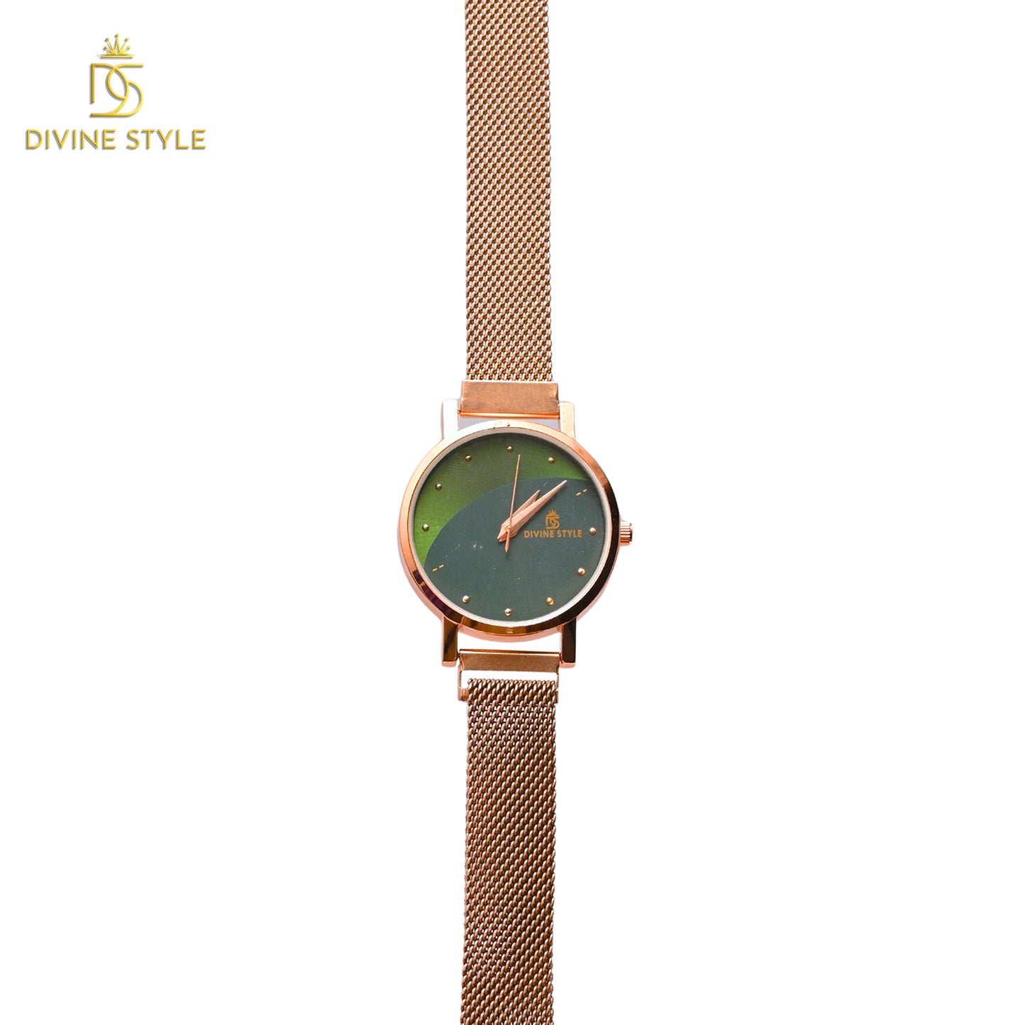 Divine Style Rose Gold Plated Mesh Chain Analog Wrist Watch for Women (Green)