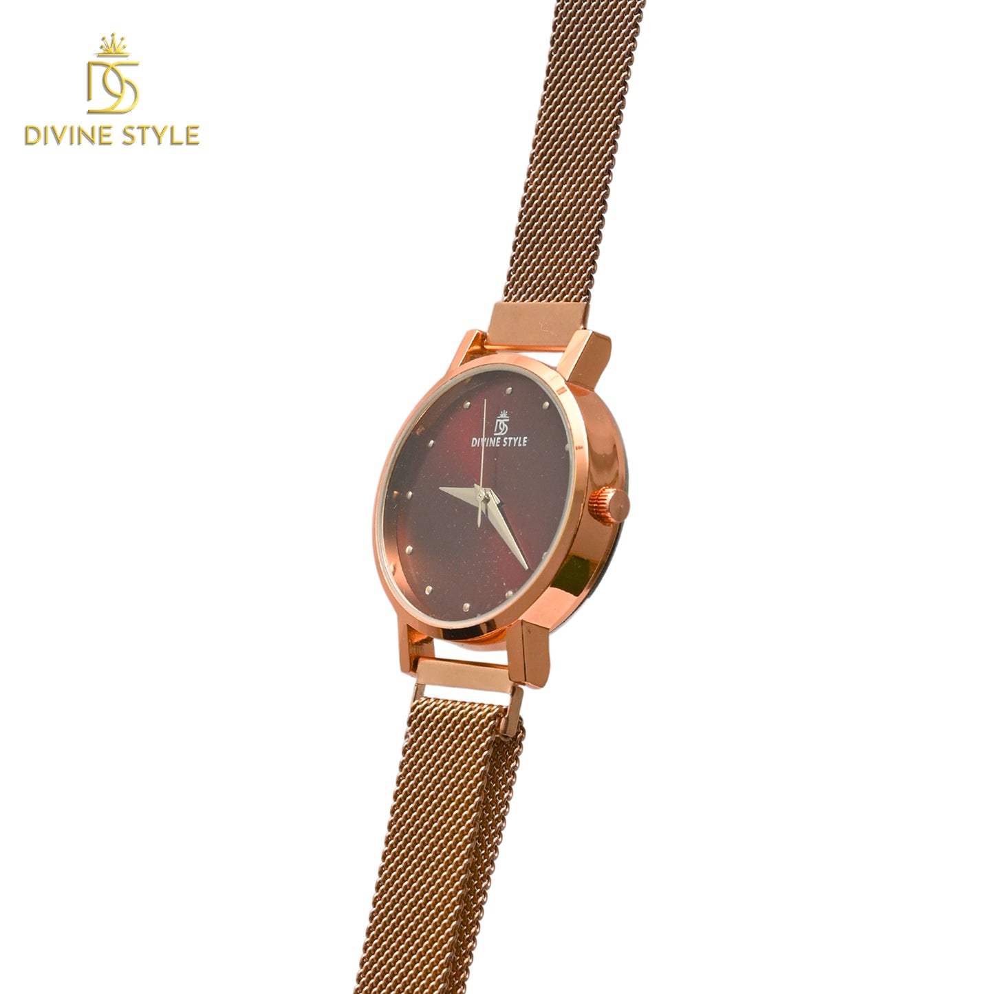 Divine Style Rose Gold Plated Mesh Chain Analog Wrist Watch for Women (Maroon)