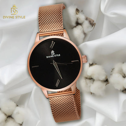 Divine Style Rose Gold Plated Mesh Chain Analog Wrist Watch for Women (Black)