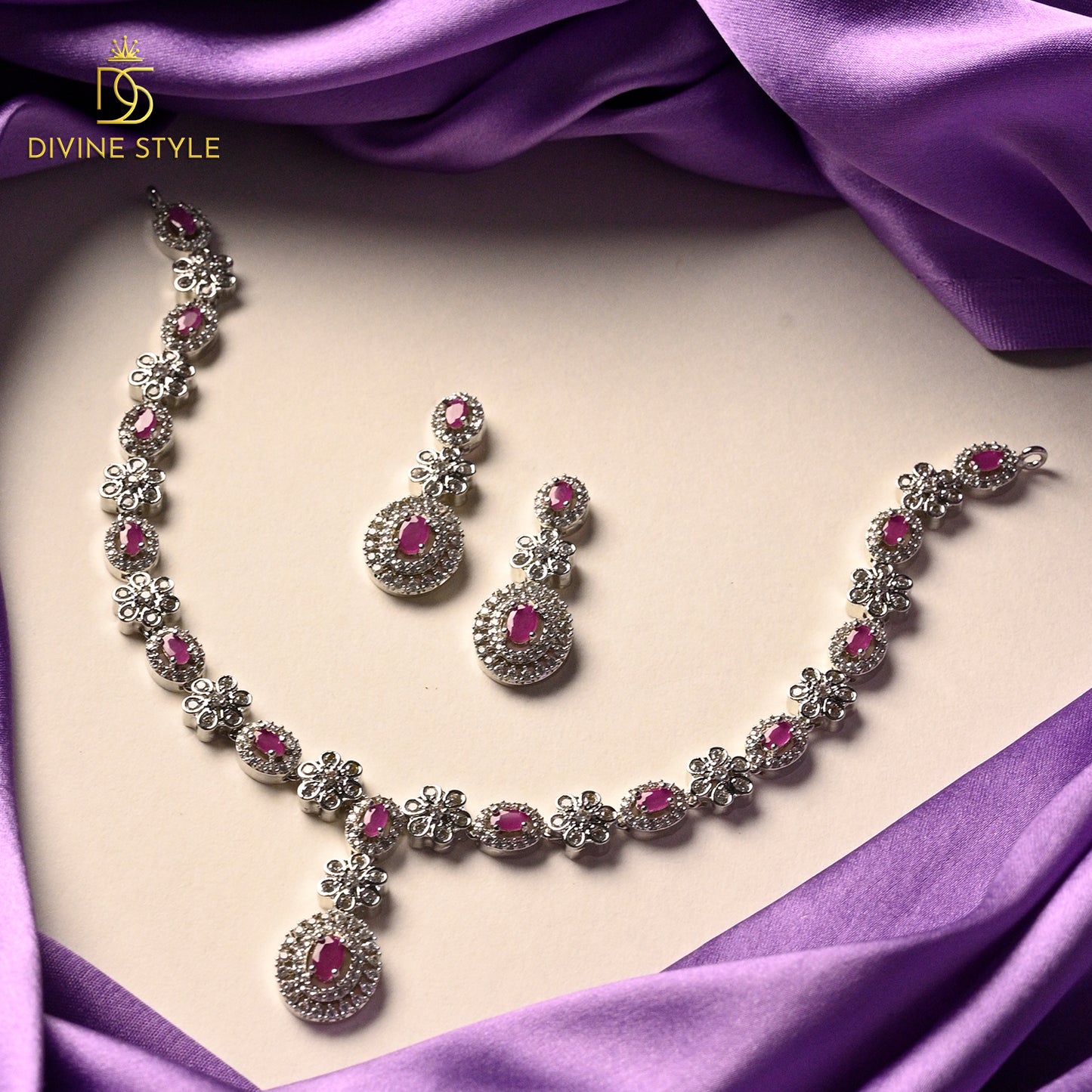 Divine Style Curve Necklace With Earrings (Pink)