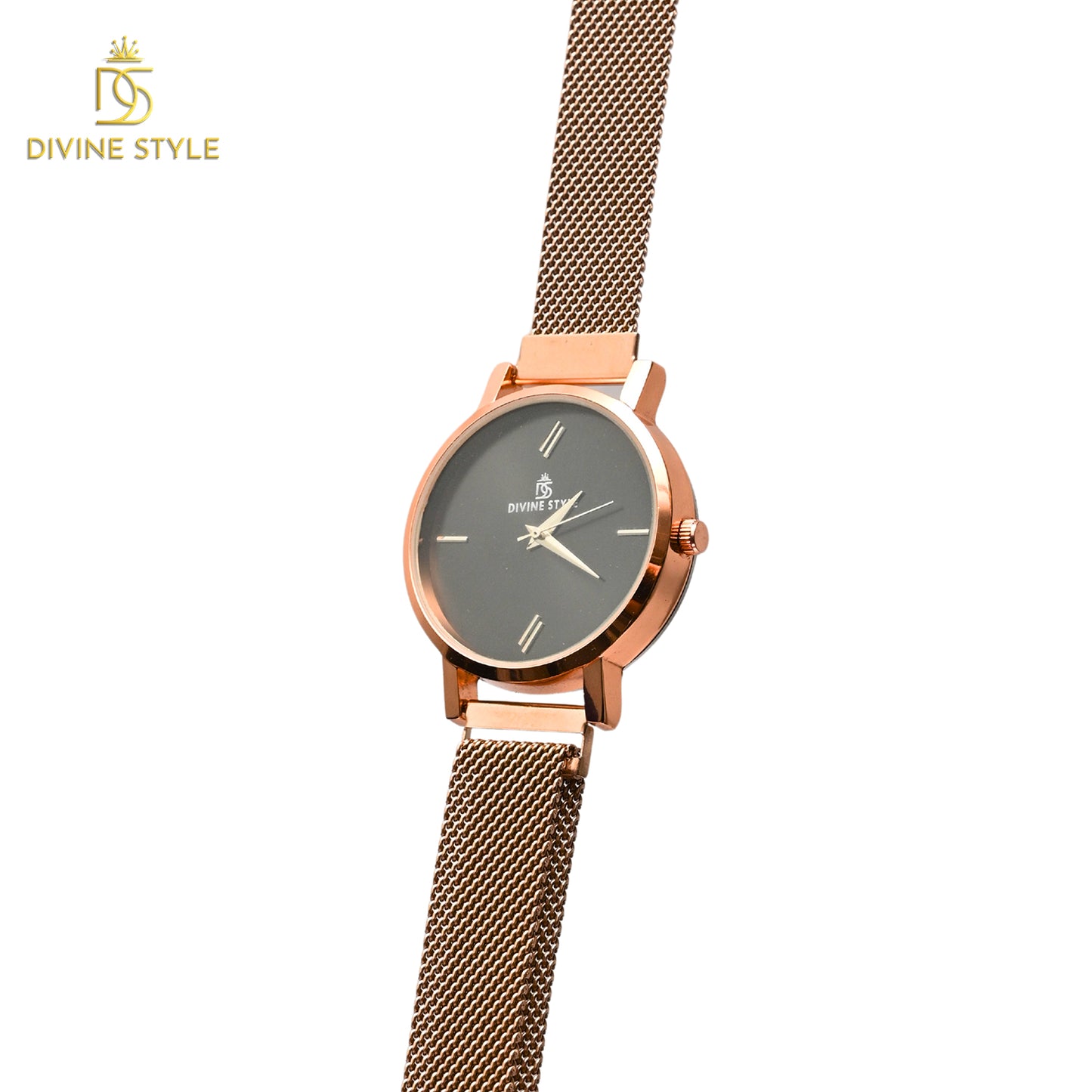 Divine Style Rose Gold Plated Mesh Chain Analog Wrist Watch for Women (Black)