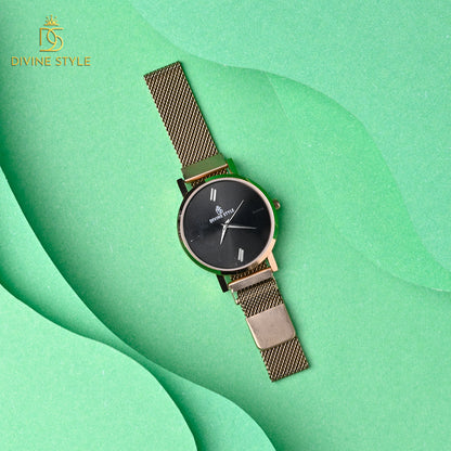 Divine Style Rose Gold Plated Mesh Chain Analog Wrist Watch for Women (Black)