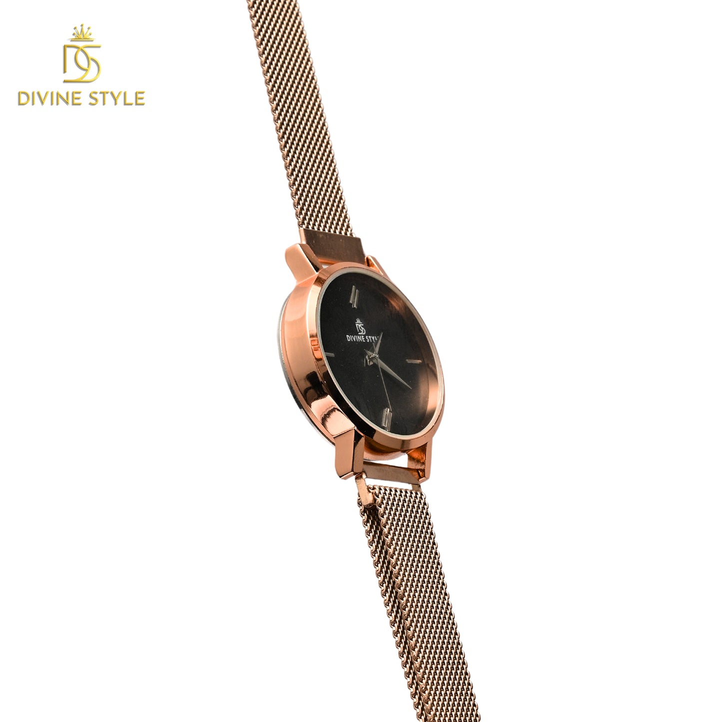 Divine Style Rose Gold Plated Mesh Chain Analog Wrist Watch for Women (Black)