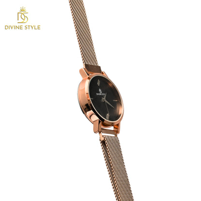 Divine Style Rose Gold Plated Mesh Chain Analog Wrist Watch for Women (Black)