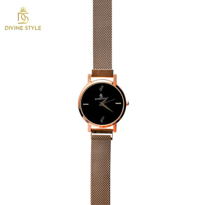 Divine Style Rose Gold Plated Mesh Chain Analog Wrist Watch for Women (Black)