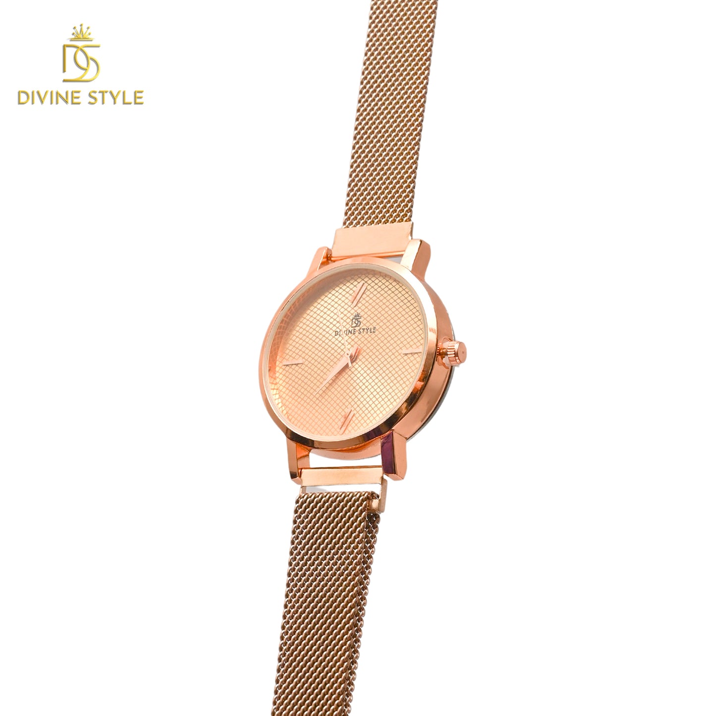 Divine Style Rose Gold Plated Mesh Chain Analog Wrist Watch for Women (Golden)