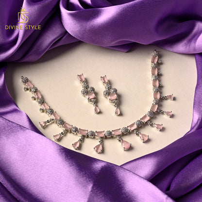 Divine Style Diamond Gleam Necklace With Earrings (Pink)