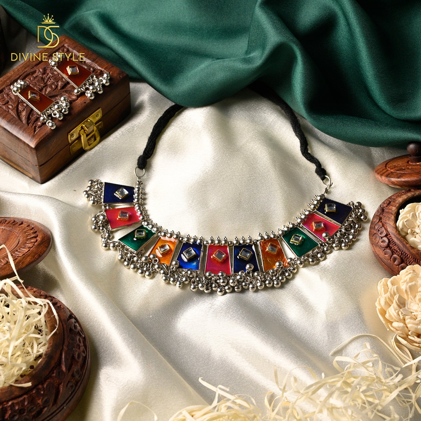 Divine Style Meenakari Silver Choker Necklace (Multi-Color)