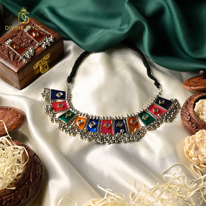 Divine Style Meenakari Silver Choker Necklace (Multi-Color)