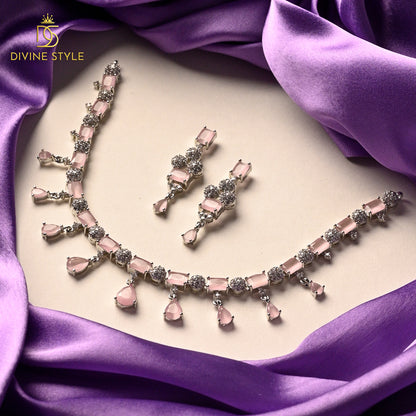 Divine Style Diamond Gleam Necklace With Earrings (Pink)