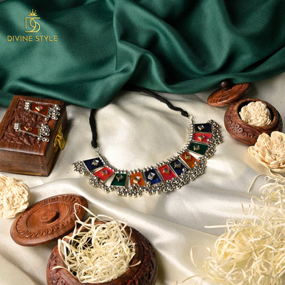 Divine Style Meenakari Silver Choker Necklace (Multi-Color)