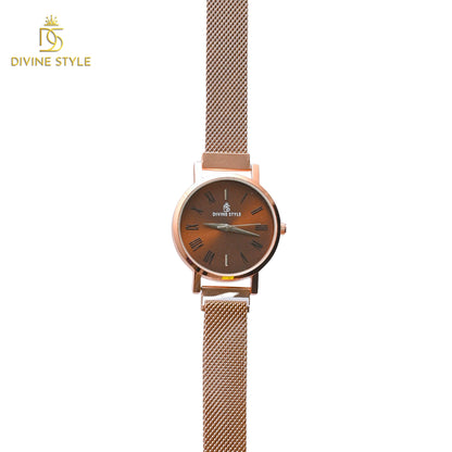 Divine Style Rose Gold Plated Mesh Chain Analog Wrist Watch for Women (Brown)