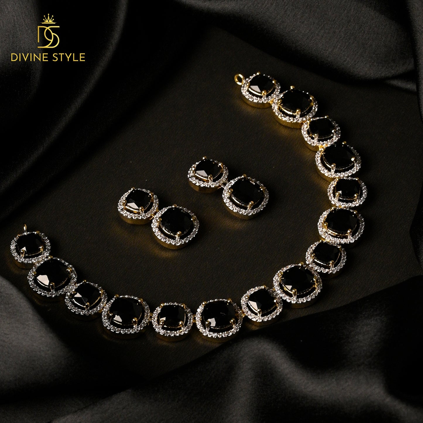 Divine Style Choker Necklace With Earrings (Black)