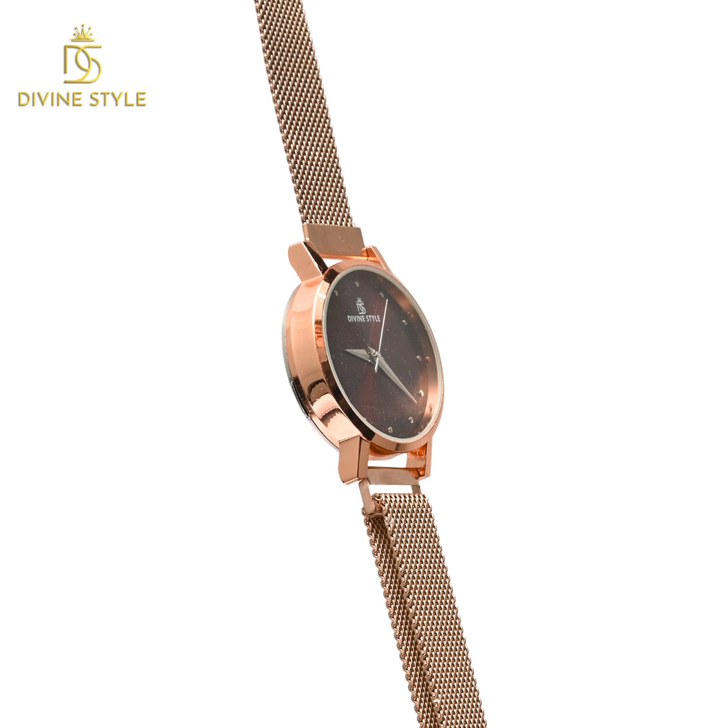 Divine Style Rose Gold Plated Mesh Chain Analog Wrist Watch for Women (Maroon)