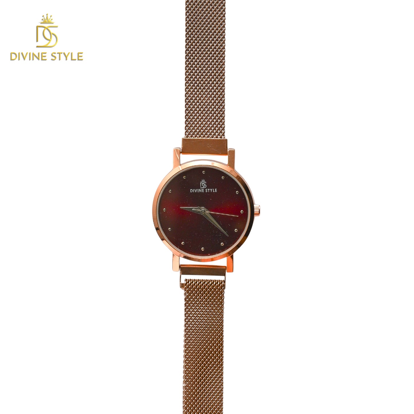 Divine Style Rose Gold Plated Mesh Chain Analog Wrist Watch for Women (Maroon)