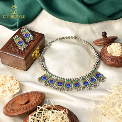Divine Style Emporium Silver Plated Peacock Necklace with Earrings
