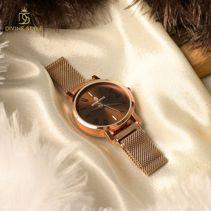 Divine Style Rose Gold Plated Mesh Chain Analog Wrist Watch for Women (Brown)
