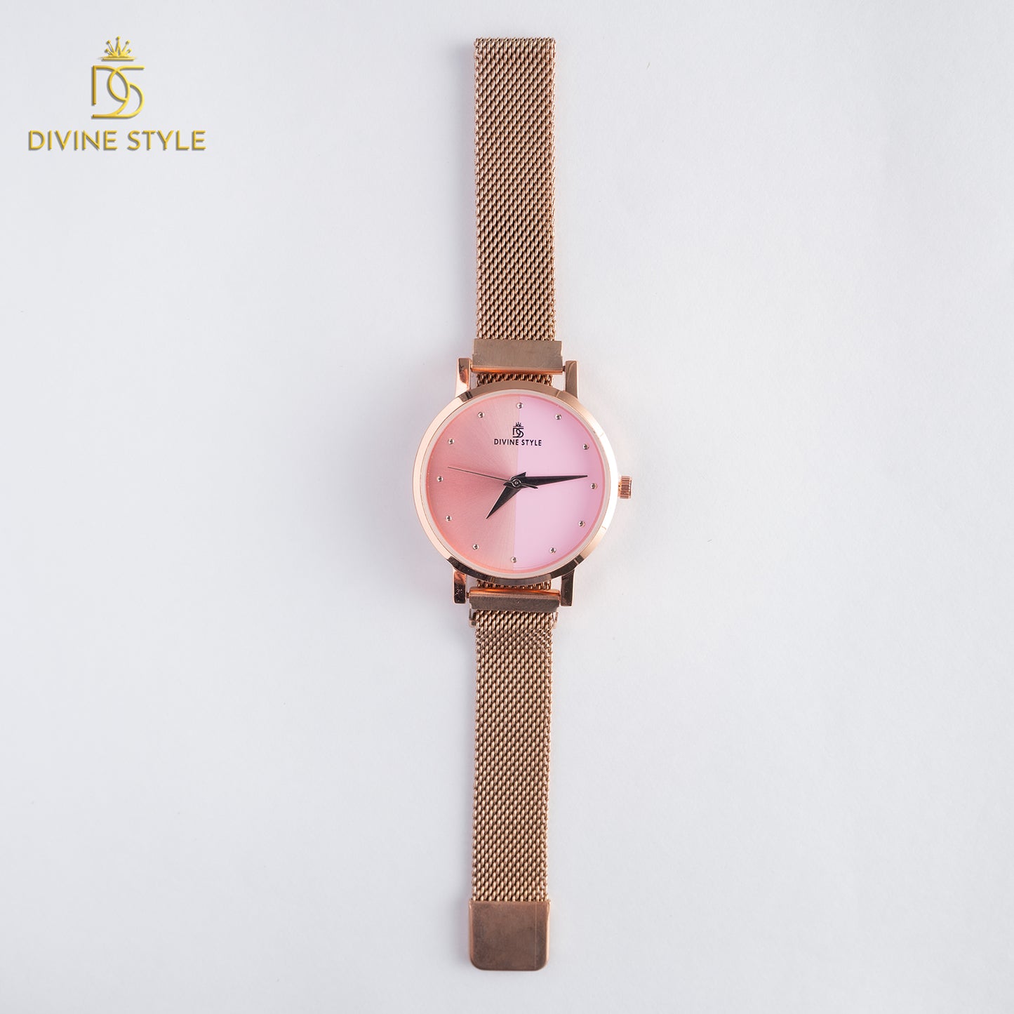 Divine Style Rose Gold Plated Mesh Chain Analog Wrist Watch for Women (Pink)