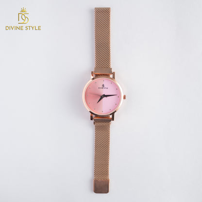 Divine Style Rose Gold Plated Mesh Chain Analog Wrist Watch for Women (Pink)