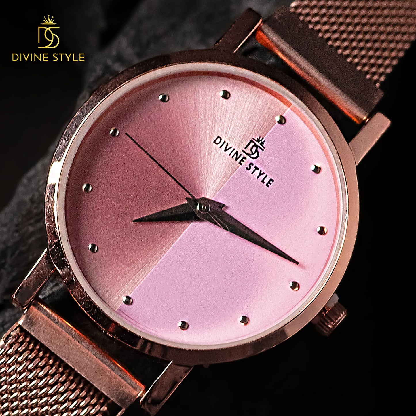 Divine Style Rose Gold Plated Mesh Chain Analog Wrist Watch for Women (Pink)