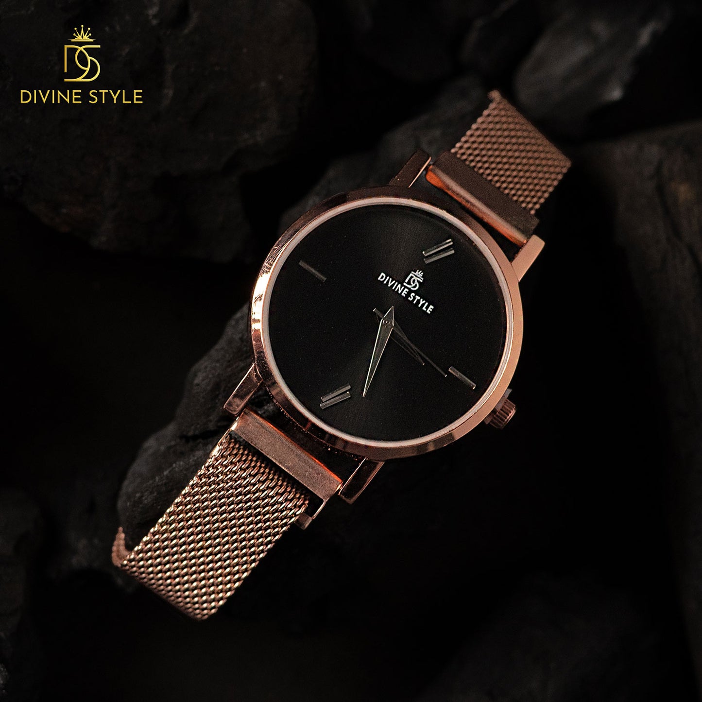 Divine Style Rose Gold Plated Mesh Chain Analog Wrist Watch for Women (Black)