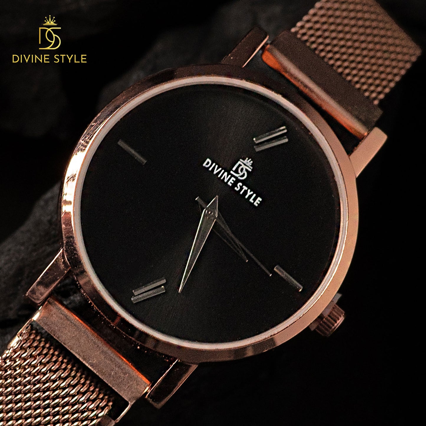 Divine Style Rose Gold Plated Mesh Chain Analog Wrist Watch for Women (Black)