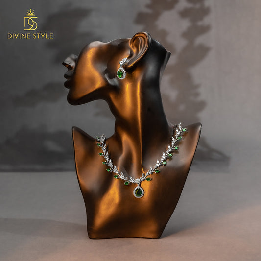 Divine Style Lab-Created Green Emerald Stone Necklace & Earrings