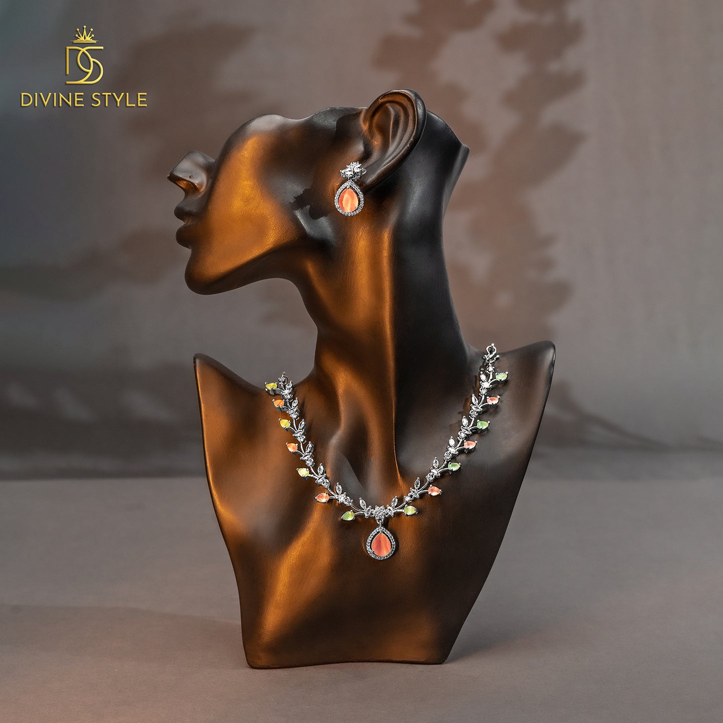 Divine Style Lab-Created Orange Emerald Stone Necklace & Earrings